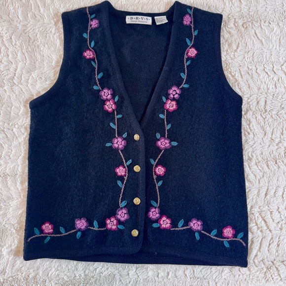 Vintage Jackets & Blazers - Vintage 90s D.R.V.S. Wool Embroidered Vest Black Purple Floral Gold Buttons